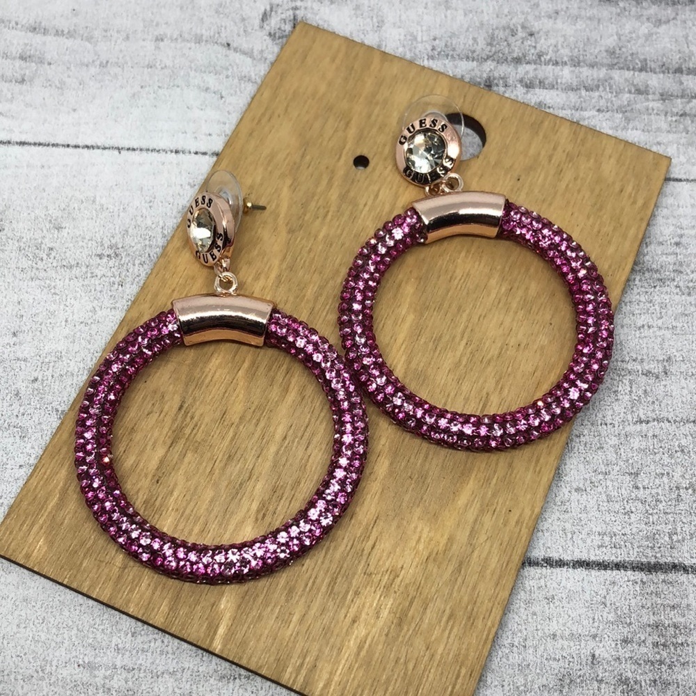 Guess logo pink rhinestone hoop dangle earrings statement.